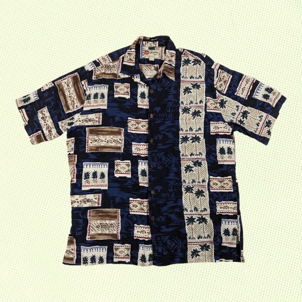 VTG Hawaiian Shirt Hilo Hattie Rayon Tapa Pattern‎ Shirt L